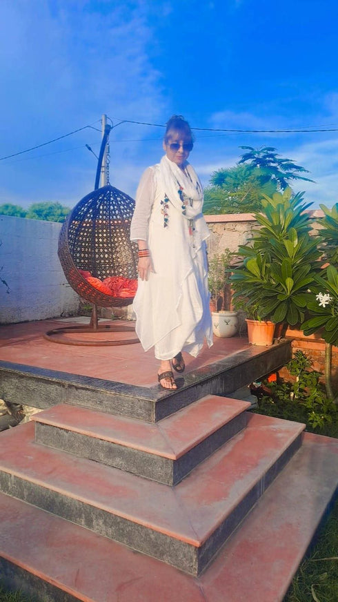 White Drape Dress with Scarf